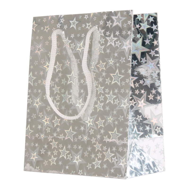 Draagtas Holografisch papier 11,5+(2x3,3)X14cm Stars Zilver 1