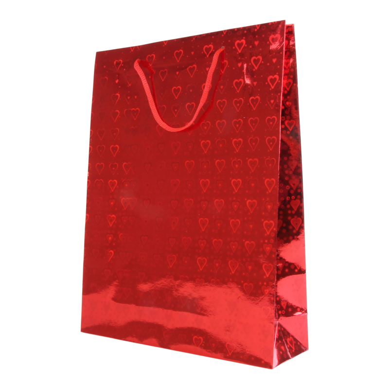 Draagtas Holografisch papier 26+(2x4)X34cm Heart Rood 1