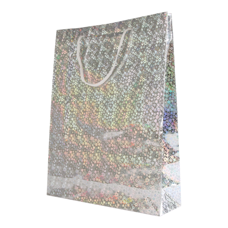 Draagtas Holografisch papier 26+(2x4)X34cm Stars Zilver 1