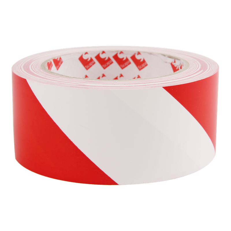 Markeringstape 50mm 180my PVC Solvent 33m op rol Rood/wit 1