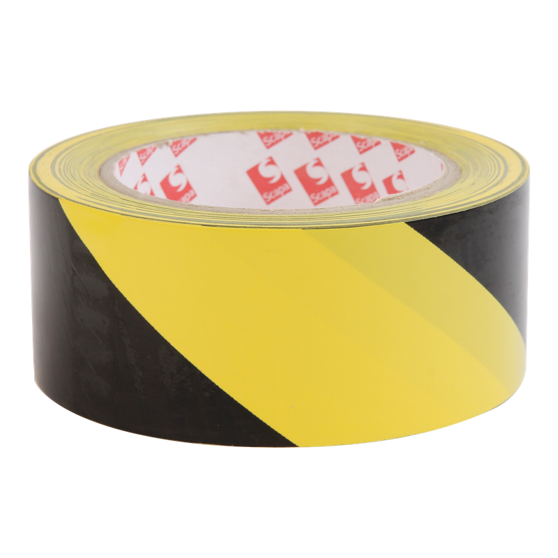 Markeringstape 50mm 180my PVC Solvent 33m op rol Zwart/geel 1