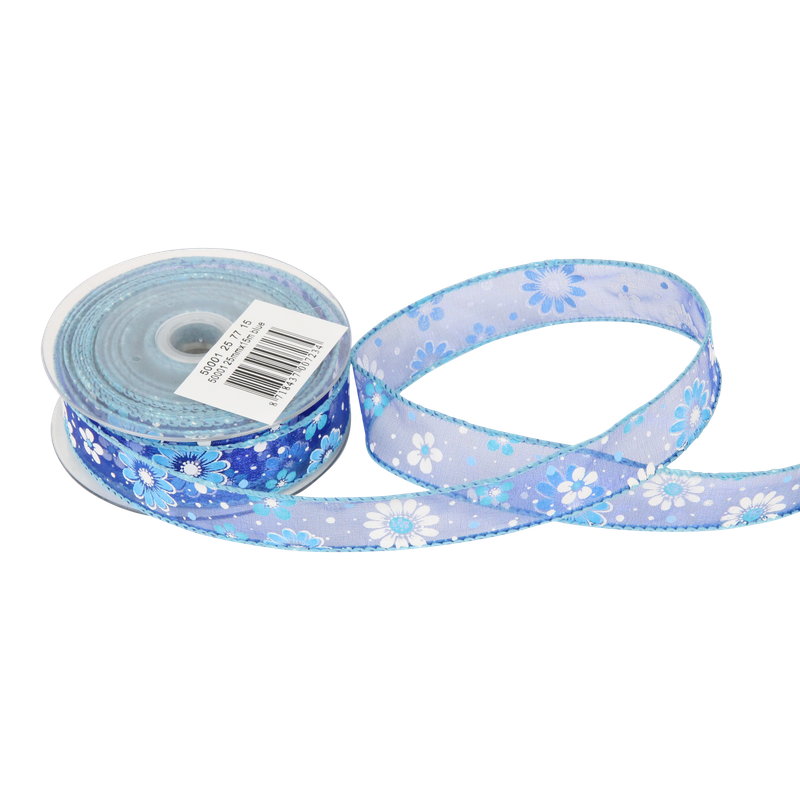 Luxe lint Organza 25mm Bloemen Blauw 1